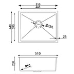 510x440x230mm Gun Metal Grey Stainless Steel Single Bowl Kitchen Sink