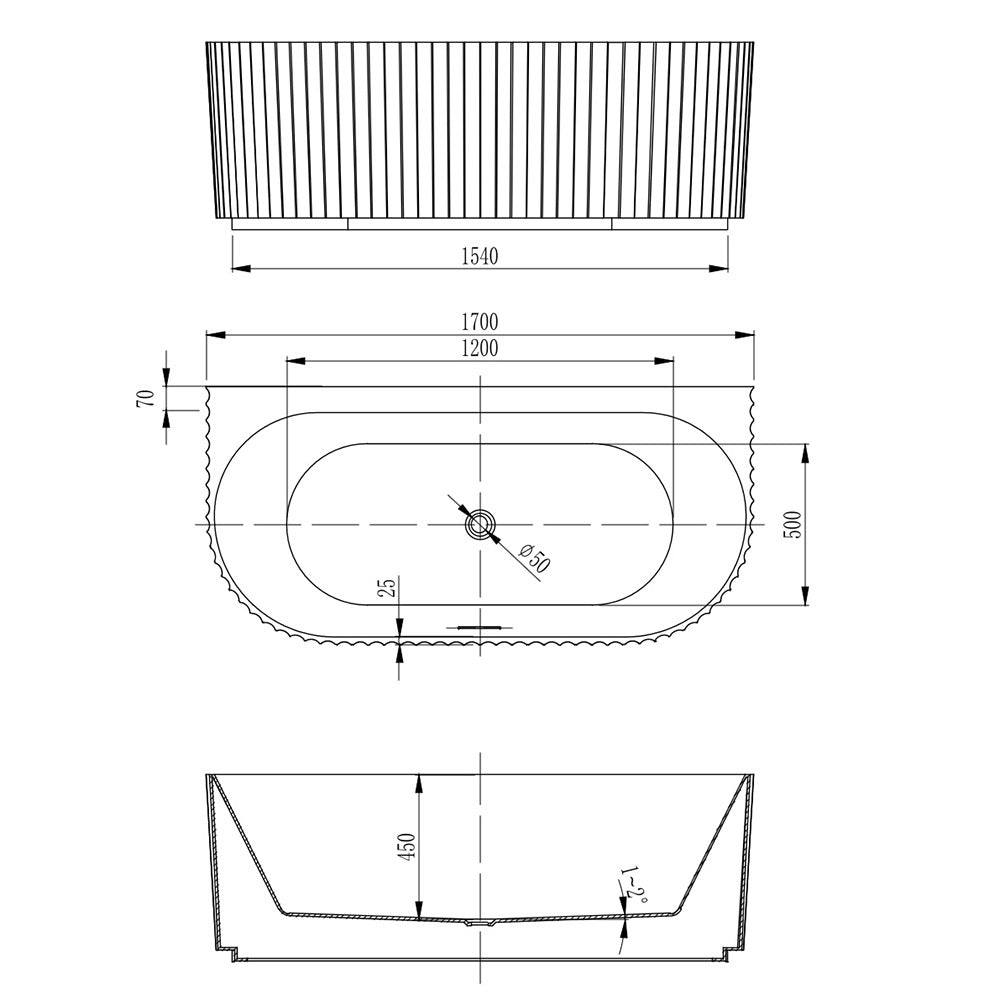 Back to Wall Fluted Design Acrylic Bath Tub