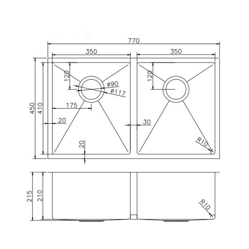 770x450x215mm Round Corner Stainless Steel Gun Metal Grey PVD Coating Double Bowl Kitchen Sink