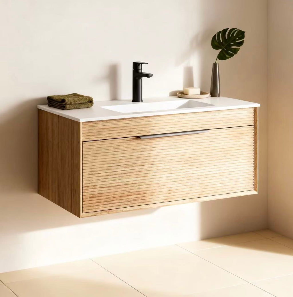 YESS Signature Fluted Wall-Hung Vanity Collection - Antique Pine Oak Finish