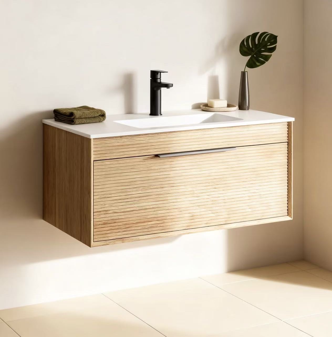 YESS Signature Fluted Wall-Hung Vanity Collection - Antique Pine Oak Finish