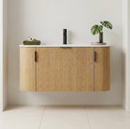 VSO Designer Wall-Hung Vanity – Curved Fluted American Oak Finish