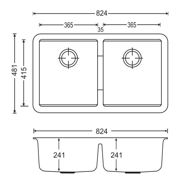 824x481x241mm Black Carysil Granite Double Bowl Kitchen Sink