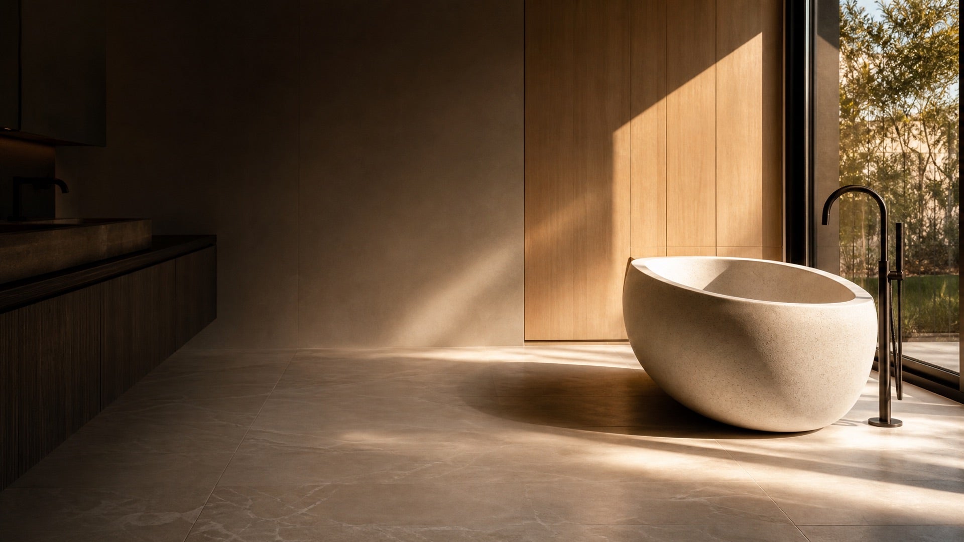 A stone freestanding bath and oak vanity in the Millen Homes showroom